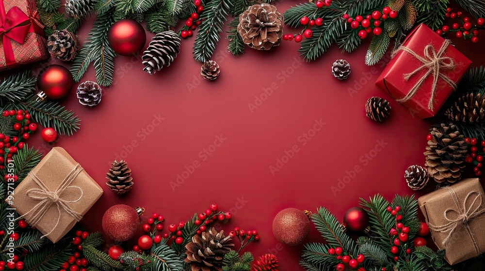 A Christmas frame includes gifts, baubles, pine cones, and red berries with branches on a red background. A Christmas frame includes gifts, baubles, pine cones, and red berries with branches on a red background.