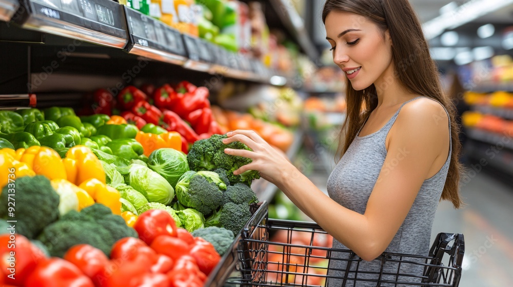 A woman shopping for groceries at a supermarket carefully selecting fresh vegetables from the produce section She examines each item before placing it in her cart Stock Photo with copy space A woman shopping for groceries at a supermarket carefully selecting fresh vegetables from the produce section She examines each item before placing it in her cart Stock Photo with copy space