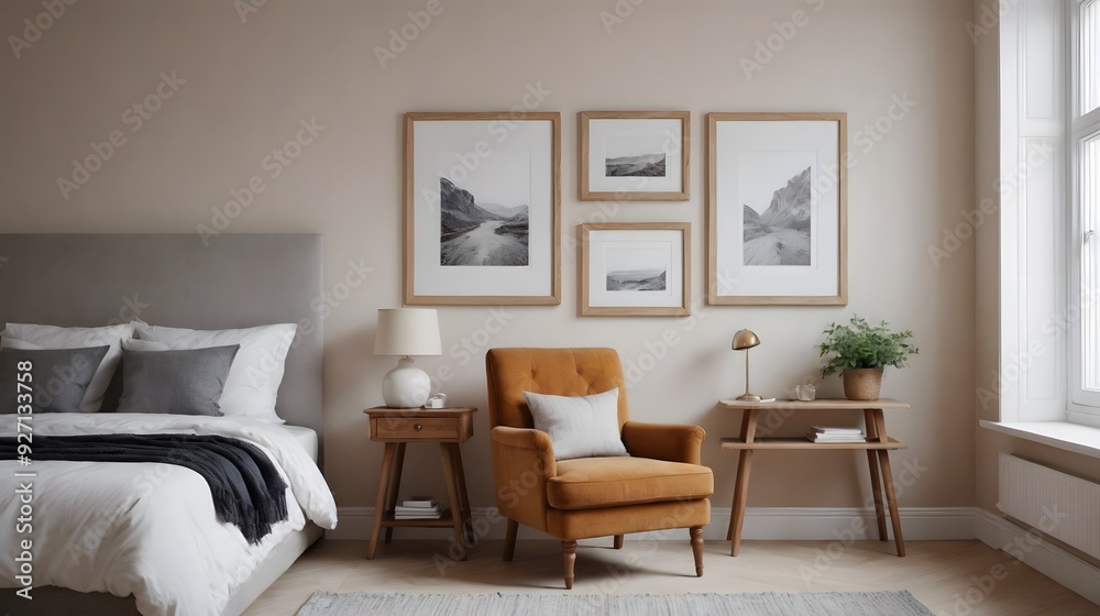 A bedroom with arm chair and multiple photo frames on the wall interior image, empty art frame interior design template. A bedroom with arm chair and multiple photo frames on the wall interior image, empty art frame interior design template.