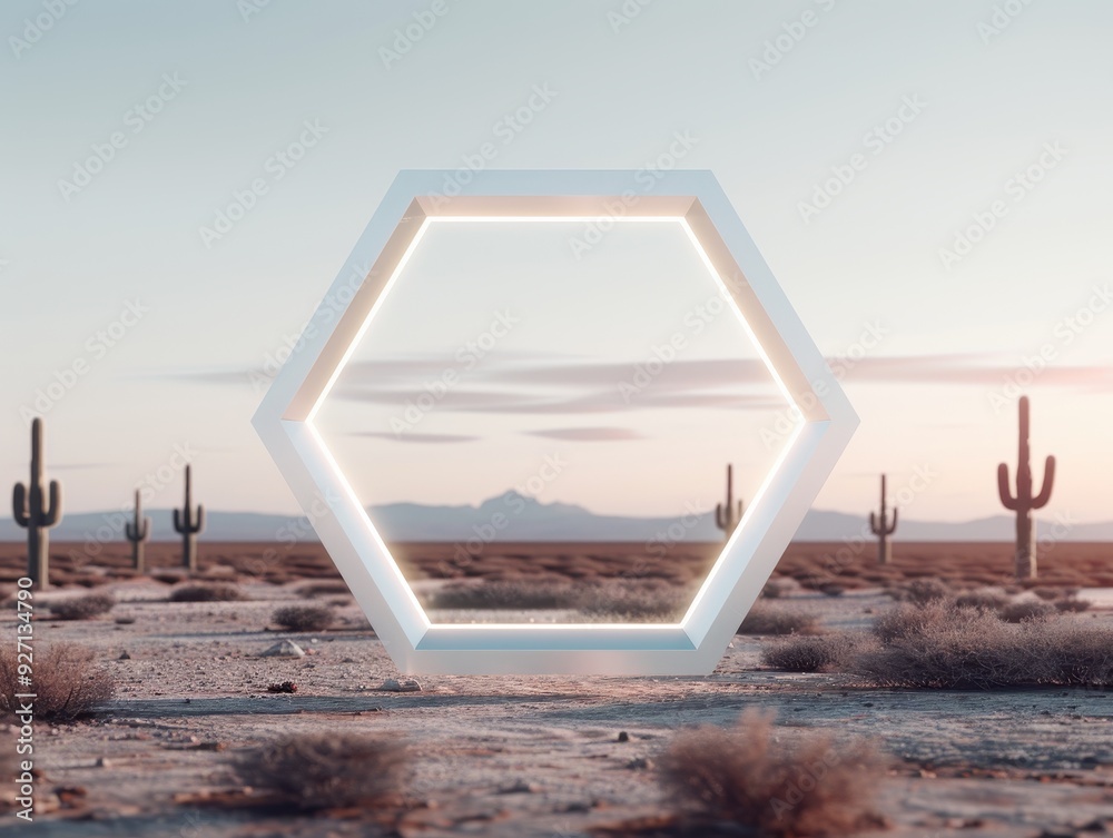 Fototapeta premium A luminous hexagonal frame set against a desert landscape with cacti, representing modern design and creative inspiration.
