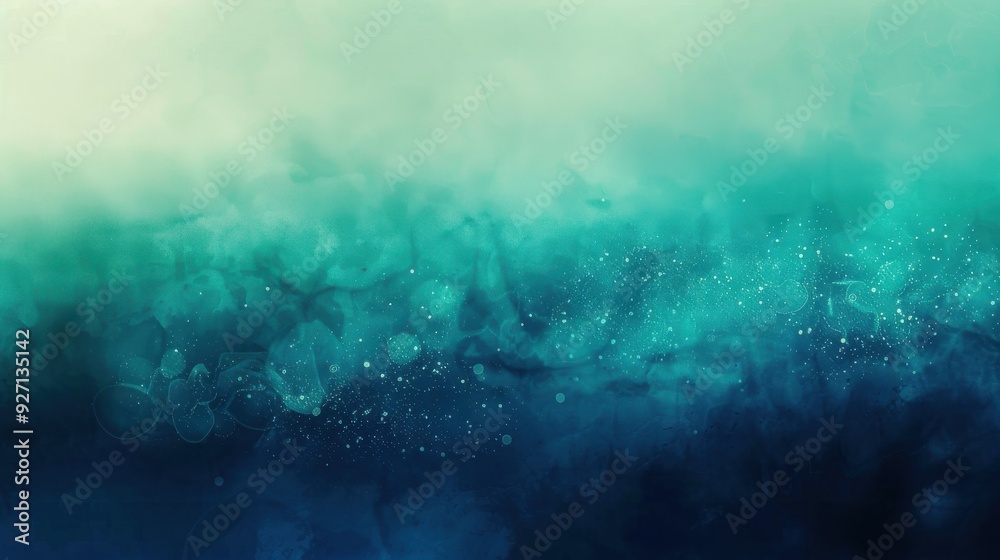 Obraz premium A digitally painted abstract background in shades of teal, green, and blue. The top of the image fades to a lighter, almost white shade while the bottom is a deep, dark blue. Small, white dots and sha