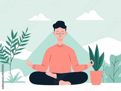 A serene illustration of a person meditating in a natural setting, surrounded by plants and mountains, radiating peace and mindfulness.