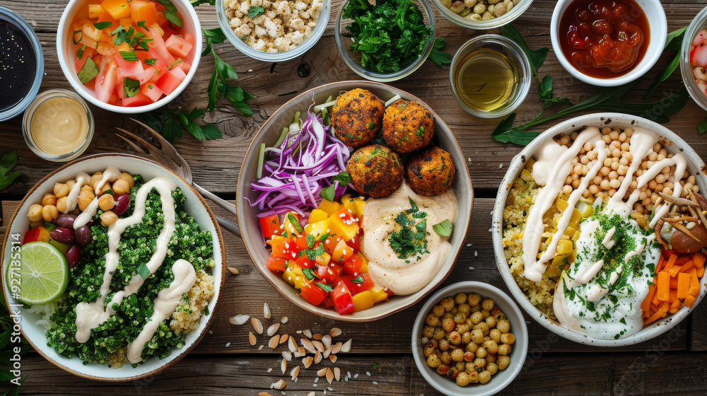 Overhead Shot of Vegan Falafel Bowls with Quinoa Tabbouleh, Hummus, Tahini Sauce, Roasted Vegetables, and Za'atar Overhead Shot of Vegan Falafel Bowls with Quinoa Tabbouleh, Hummus, Tahini Sauce, Roasted Vegetables, and Za'atar