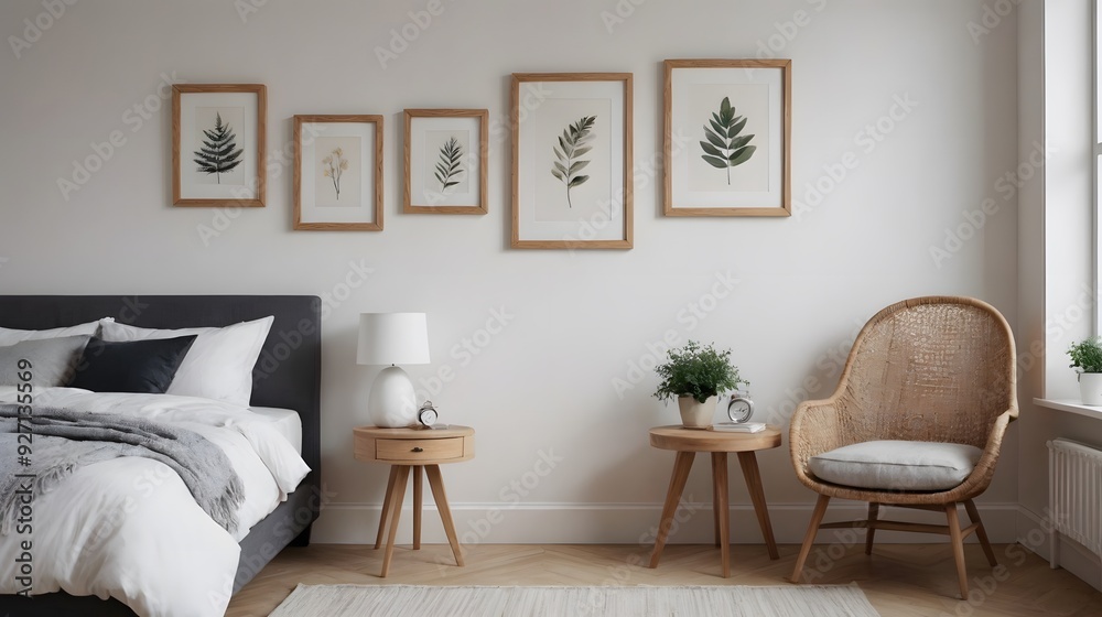 Fototapeta premium A black fabric bedroom with photo frame template on the front wall and arm chair with planters interior image template, Empty art frame mock up interior design.