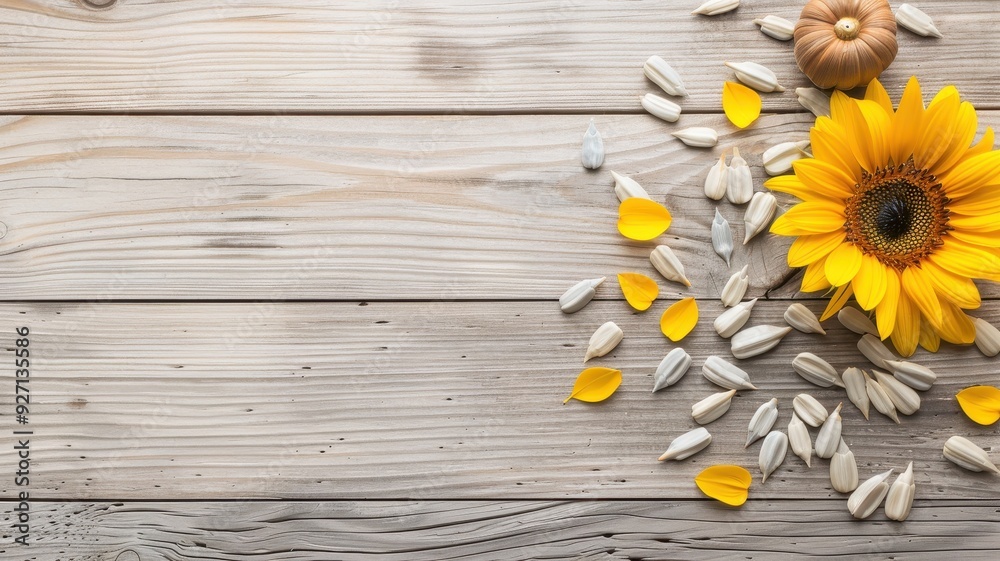 Obraz premium Bright sunflower petals and seeds arranged on rustic wooden surface, capturing the essence of nature's beauty.