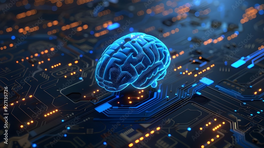 A blue digital brain floating on an intricate circuit board background, symbolizing artificial intelligence and technology. A blue digital brain floating on an intricate circuit board background, symbolizing artificial intelligence and technology.