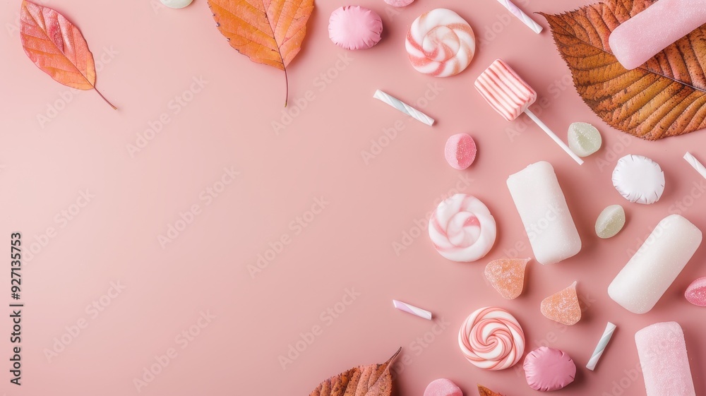 Colorful candies and autumn leaves arranged on a soft pink background create a delightful and sweet aesthetic. Colorful candies and autumn leaves arranged on a soft pink background create a delightful and sweet aesthetic.