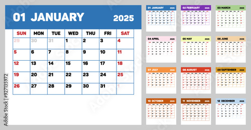 Classic monthly calendar for 2025. Calendar in style of minimalist square shape. Week starts on Sunday. Desktop planner in simple clean style. Corporate or business calendar. Colorful Calendar