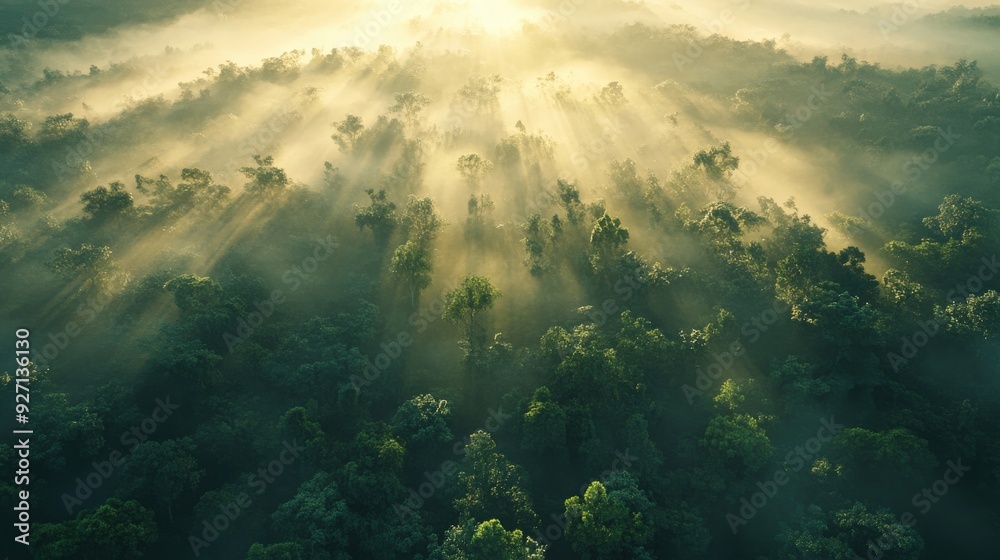 Dense mist envelops a rainforest as sunlight breaks through, illuminating the lush greenery and creating a serene atmosphere at dawn Dense mist envelops a rainforest as sunlight breaks through, illuminating the lush greenery and creating a serene atmosphere at dawn