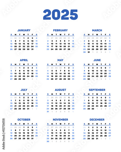 Calendar 2025 - vector illustration. Week starts on Sunday. Printable calendar layout. Pocket or wall calendars. Planner template with 12 month. Yearly organizer. Annual wall calendar