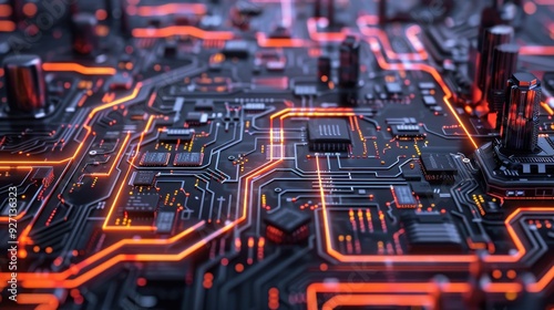 The image shows a close-up view of a circuit board with illuminated pathways and integrated circuits. The board has a black background with orange lines and small, glowing red dots. It appears to be p