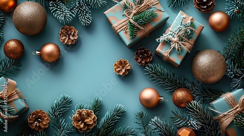 Christmas gifts are adorned with bronze balls and fir branches, set against a pastel blue background for a charming xmas banner design. photo