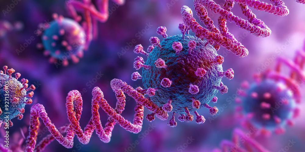 Fototapeta premium Microscopic view of a dangerous virus cell mutating with rna strands floating around it. This illustration could be used for medical or science related projects