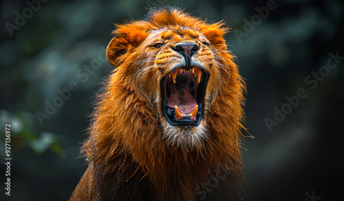 A lion is roaring with its mouth open, showing its teeth. The lion is in a wild setting, surrounded by trees and bushes. Concept of power and strength, as well as the untamed nature of the lion photo