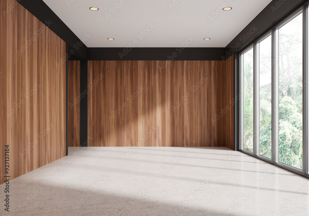 Wooden empty office or studio room interior and panoramic window on tropics Wooden empty office or studio room interior and panoramic window on tropics