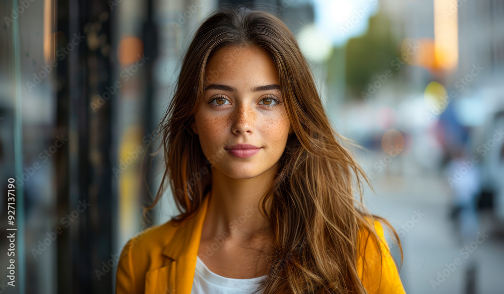 A woman with brown hair and a yellow jacket is standing in front of a window. She has a smile on her face and she is happy A woman with brown hair and a yellow jacket is standing in front of a window. She has a smile on her face and she is happy