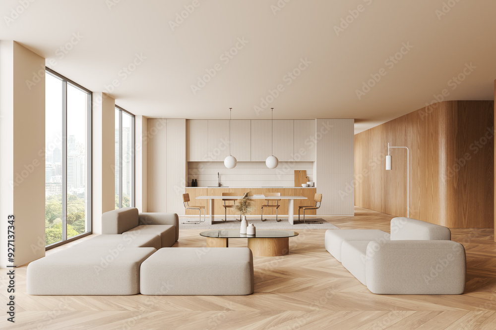 Beige home interior with relaxing and dining zone, panoramic window Beige home interior with relaxing and dining zone, panoramic window