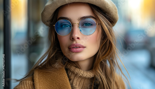 A woman wearing a brown hat and a sweater with blue glasses. She has a nice smile and is looking at the camera