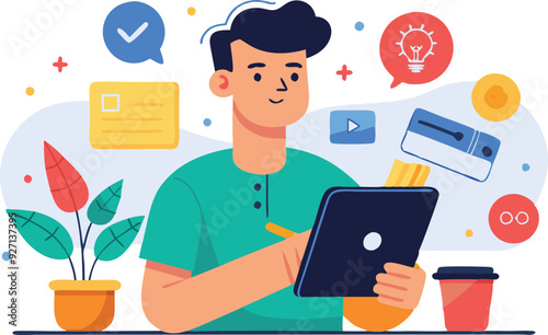 A person engages with a tablet, surrounded by various digital icons signifying creativity and productivity.