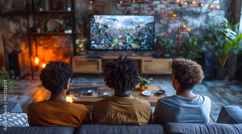 Three people are sitting on a couch in front of a television. The television is showing a game. Scene is relaxed and casual Three people are sitting on a couch in front of a television. The television is showing a game. Scene is relaxed and casual