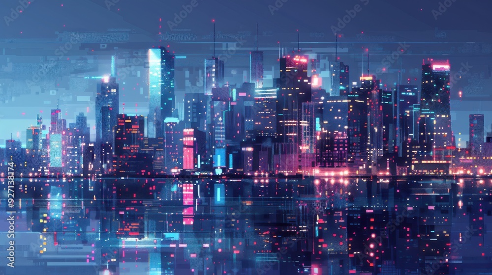 A vibrant, futuristic cityscape with towering skyscrapers, neon lights, and glowing windows illuminates the night sky. The cityscape is reflected in a still body of water, creating a mesmerizing doubl A vibrant, futuristic cityscape with towering skyscrapers, neon lights, and glowing windows illuminates the night sky. The cityscape is reflected in a still body of water, creating a mesmerizing doubl