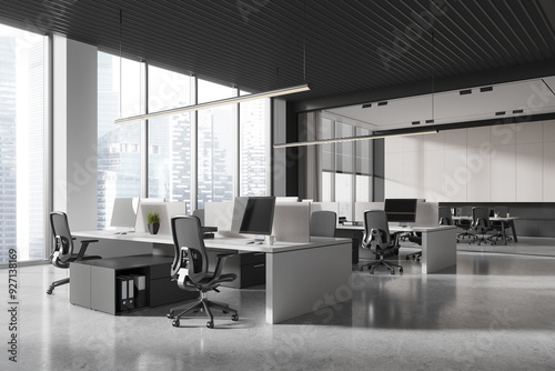 Dark office interior with coworking and conference space, panoramic window