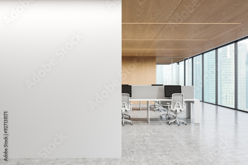 Modern office interior with blank wall and open workspace. 3D Rendering