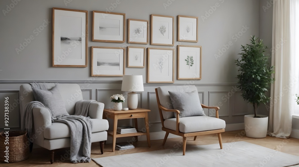 High resolution photo frame on the wall interior image template, empty art frame interior design ai generated designer pictures.