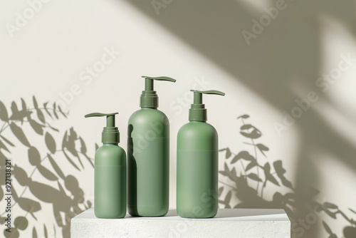 Three green uvet pumps cosmetic jars stand on a podium against a background of green leaves photo