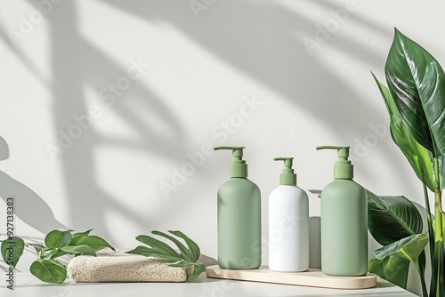 Three cosmetic plastic jars with green uvet pumps stand on a podium against a background of green leaves photo