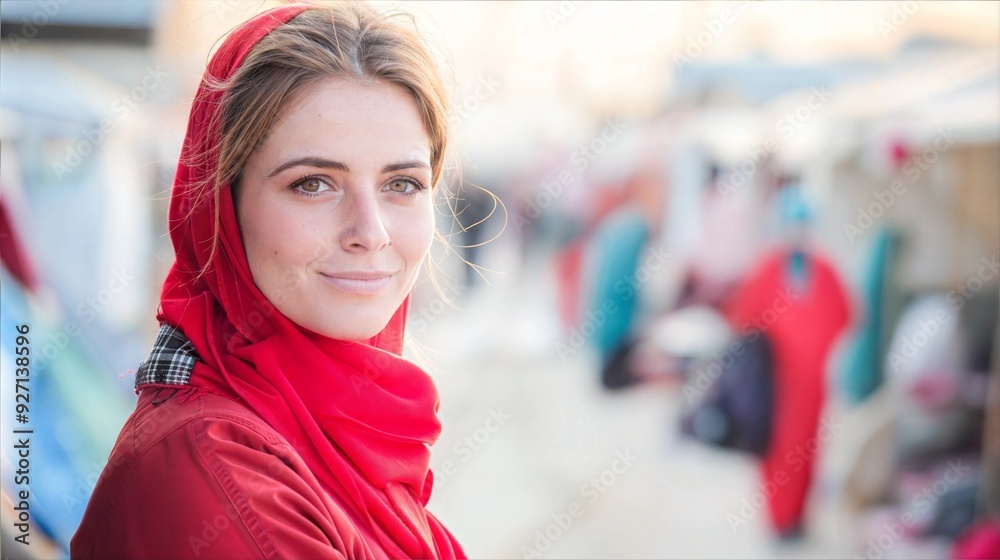 A woman in a red scarf stands in front of a blurred market background A woman in a red scarf stands in front of a blurred market background