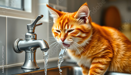 Adorable and silly ginger cat drinking water from a kitchen tap isolated with white highlights, png photo