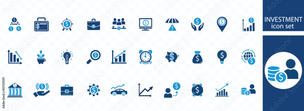 Investment icon set. Containing investor, mutual fund, asset, risk management, economy, financial gain, interest and stock icons. Solid icon Investment icon set. Containing investor, mutual fund, asset, risk management, economy, financial gain, interest and stock icons. Solid icon