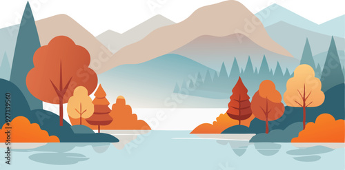 A vibrant autumn landscape featuring trees, mountains, and a calm lake reflecting seasonal colors.