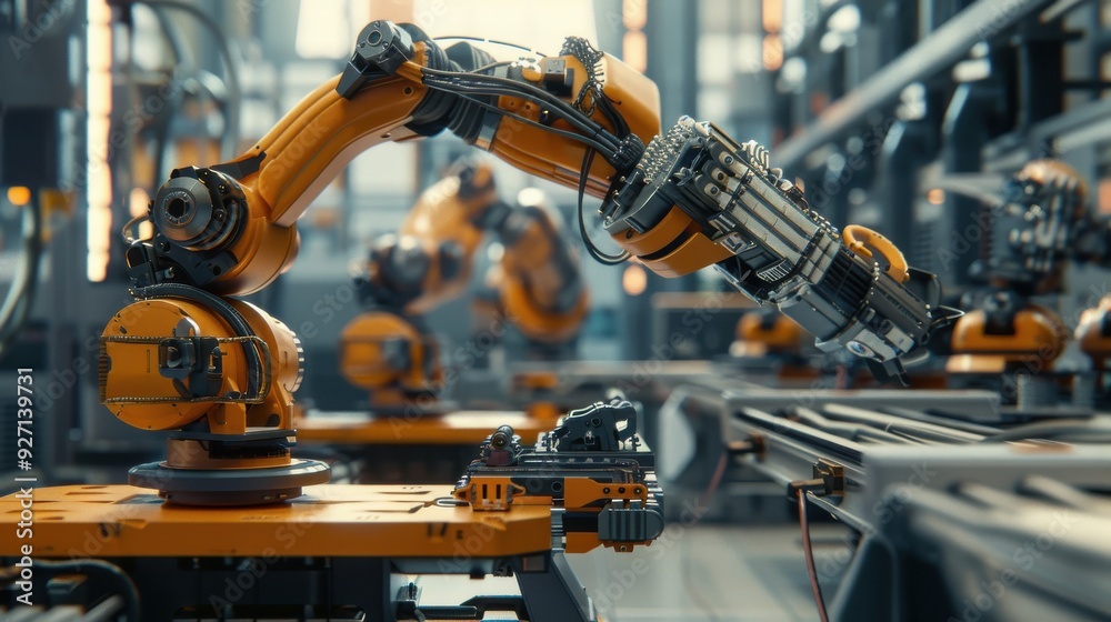 A robotic arm with a complex mechanical structure operates on an assembly line in a modern factory setting. The arm is positioned over a conveyor belt, suggesting a task of moving, assembling, or insp A robotic arm with a complex mechanical structure operates on an assembly line in a modern factory setting. The arm is positioned over a conveyor belt, suggesting a task of moving, assembling, or insp