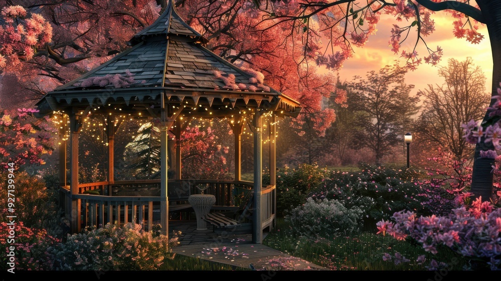 The image depicts a wooden gazebo with string lights draped across the roof. The gazebo sits in a garden filled with pink blossoms. The sun is setting in the background, casting a warm glow over the s The image depicts a wooden gazebo with string lights draped across the roof. The gazebo sits in a garden filled with pink blossoms. The sun is setting in the background, casting a warm glow over the s
