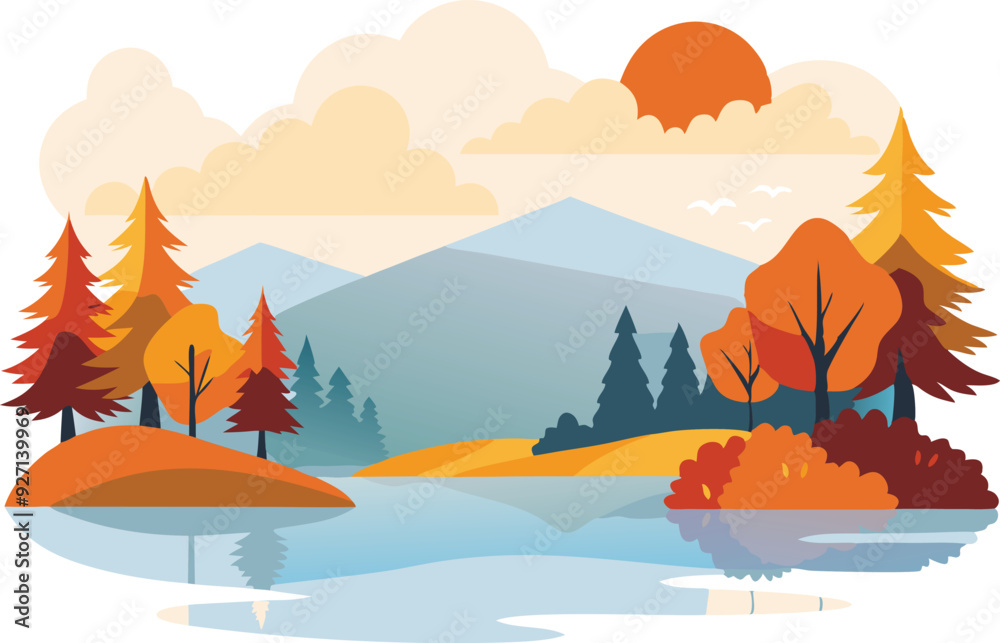Colorful trees reflect on a tranquil lake with mountains in the background under an orange sun during fall.