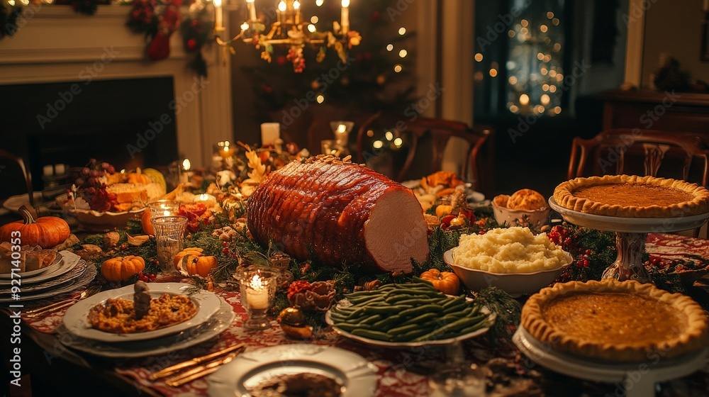 Holiday Feast with Ham and Festive Sides on Table Holiday Feast with Ham and Festive Sides on Table