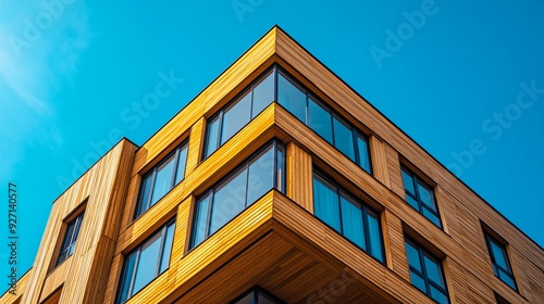 Modern residential building made out of timber in front of bright blue sky