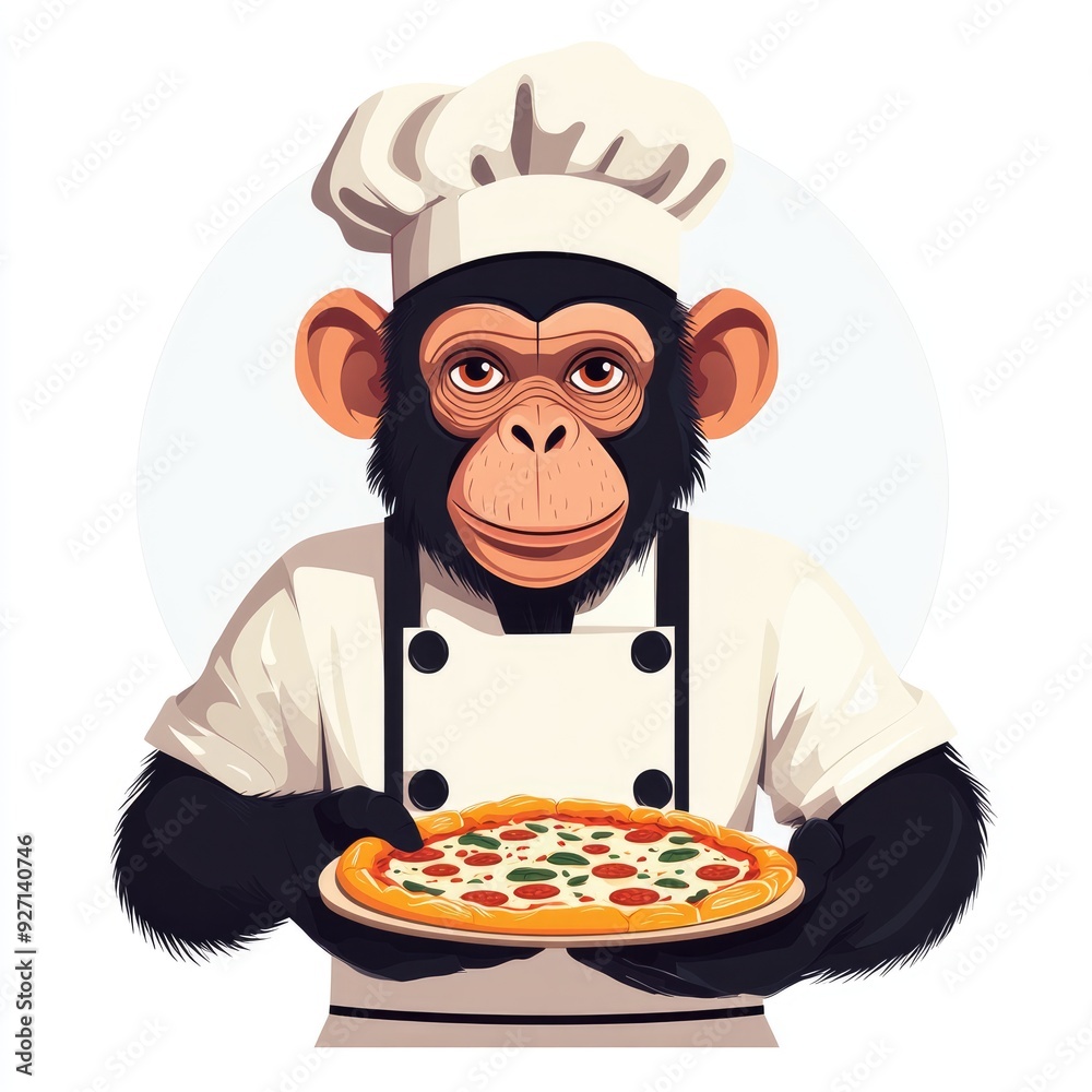 Chimpanzee Chef Holding Pizza - Cute Animal in Chef Hat and Apron Chimpanzee Chef Holding Pizza - Cute Animal in Chef Hat and Apron
