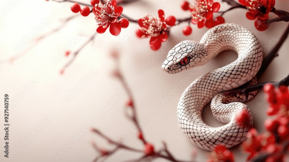 White Snake on Red Blossoms: Serene Nature Close-Up with Contrasting Colors White Snake on Red Blossoms: Serene Nature Close-Up with Contrasting Colors