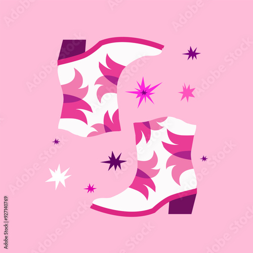 Cowgirl boots with different patterns. Pink hand drawn fashion staple. Cowboy western and Wild West retro vintage   Vector  illustration
