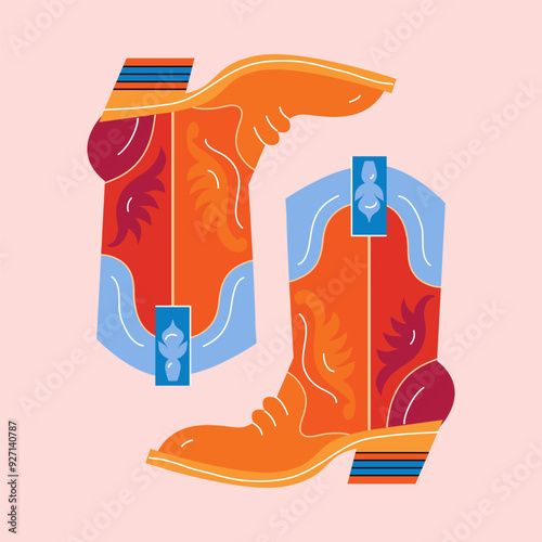Cowgirl boots with different patterns. Pink hand drawn fashion staple. Cowboy western and Wild West retro vintage   Vector  illustration