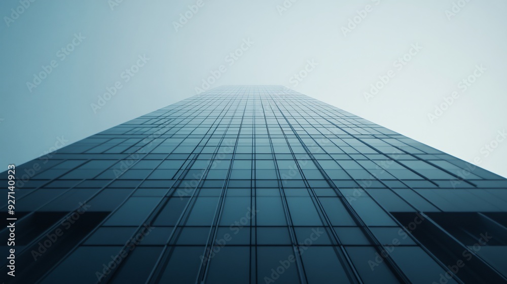 Looking up at the building, high towers, set against a clear blue sky, modernity and simplicity Looking up at the building, high towers, set against a clear blue sky, modernity and simplicity