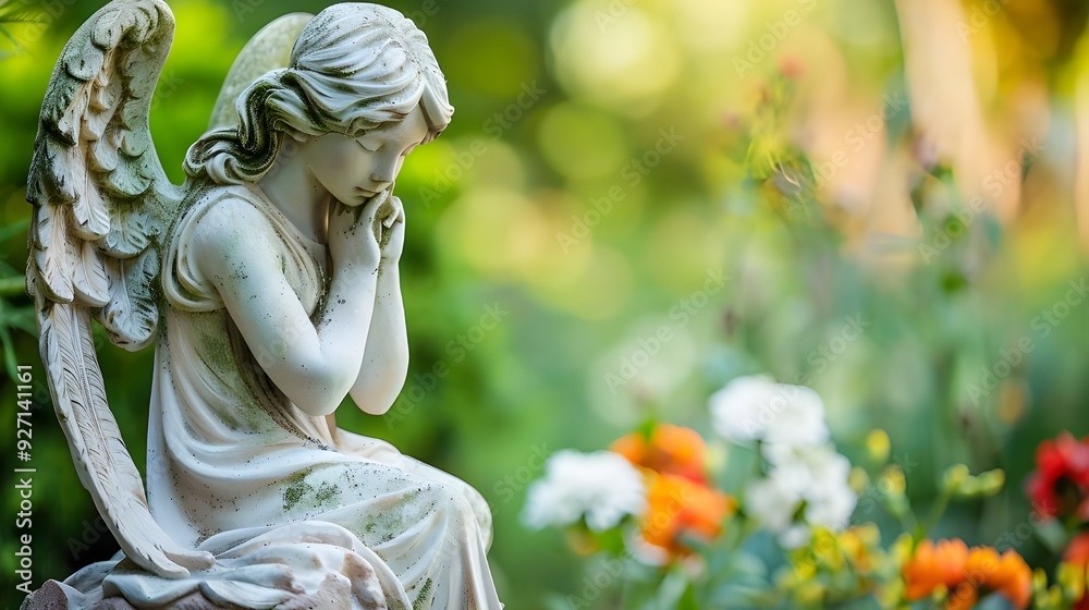 A bereaved angel statue on a lush panoramic background featuring copy space, funeral arrangements, melancholy, and a mourning banner A bereaved angel statue on a lush panoramic background featuring copy space, funeral arrangements, melancholy, and a mourning banner