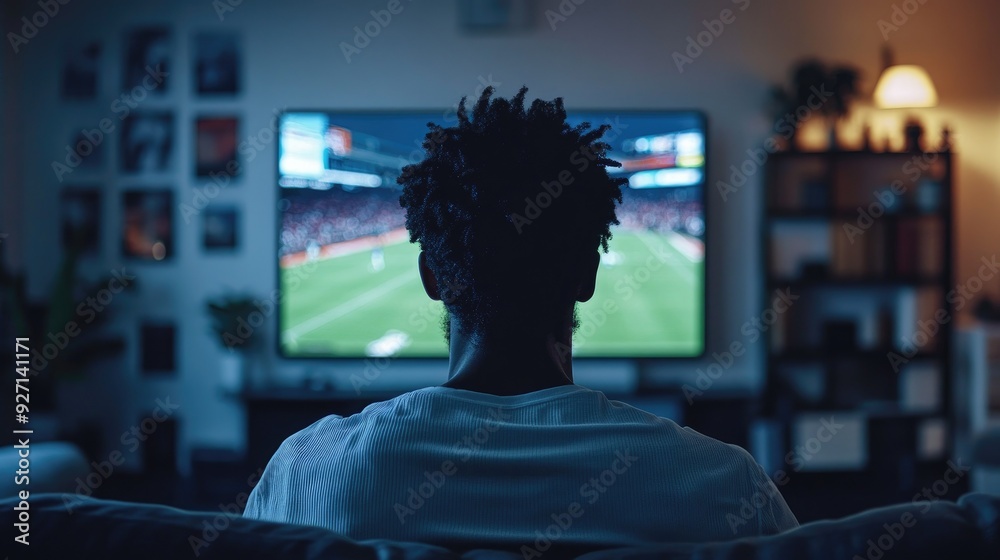 Young Man Watching Football Match on TV in Cozy Living Room at Night Young Man Watching Football Match on TV in Cozy Living Room at Night