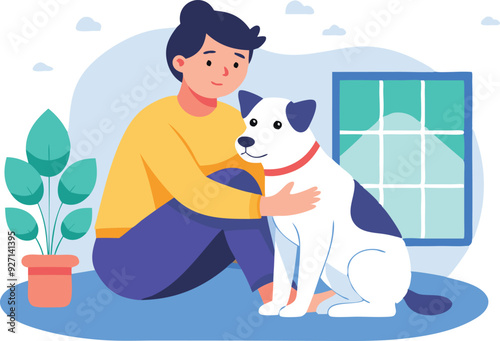A person enjoys quality time with a dog indoors, surrounded by a cozy atmosphere and natural light.