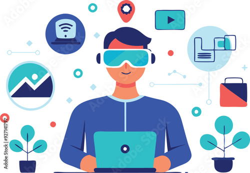 A person engages with a laptop while wearing virtual reality goggles, surrounded by technology icons and plants.