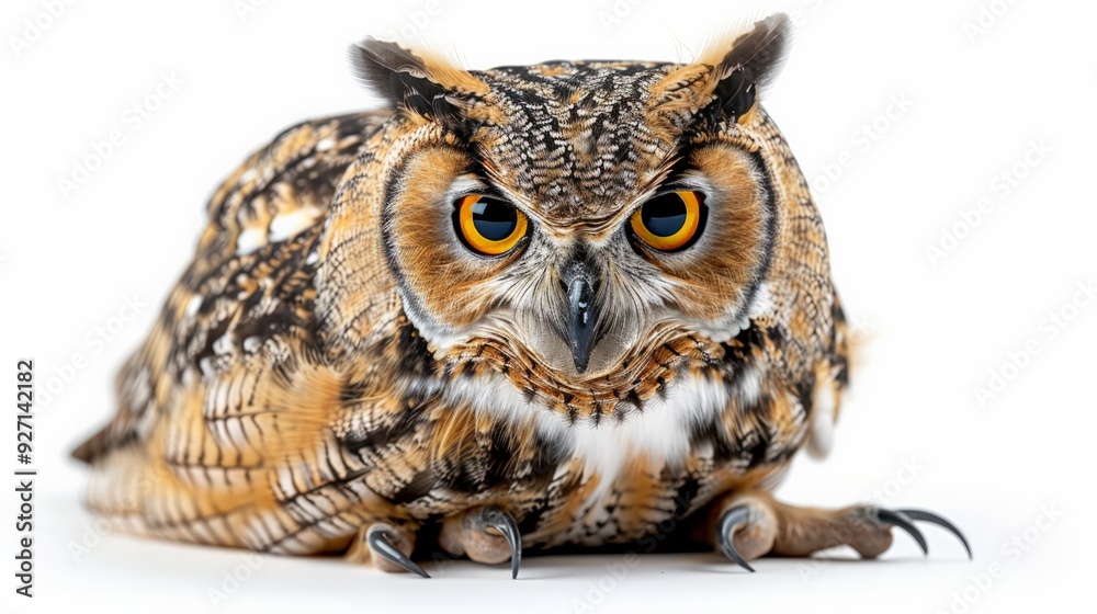 Owl perched and staring intently, isolated on white background, full-body shot, colored background, wise and observant Owl perched and staring intently, isolated on white background, full-body shot, colored background, wise and observant
