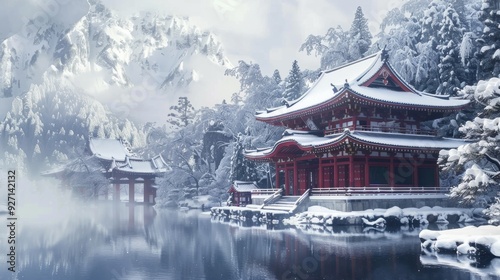 Wallpaper Mural A traditional Japanese temple, covered in snow, sits beside a tranquil lake, surrounded by snow-covered trees. In the background, imposing snowy mountains reach up to the sky. The atmosphere is serene Torontodigital.ca
